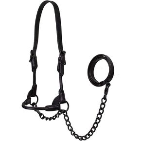 Derby Originals Black Midnight All Black Premium Round Rolled Leather Cattle Show Halter with Matching Chain Lead