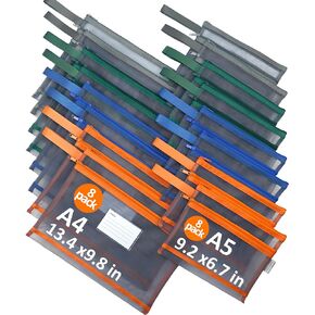 DeftEdge 16pack Mesh Zipper Pouch Bags, Double-Layer Breathable Nylon Bags (8pcsA5+8pcsA4) with Handle for School/Office/Home Organization, Board Game/Puzzle/Building Bricks Storage, Travel-Friendly