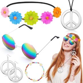 Batiyeer 6 Pcs Hippie Costume Accessories Set Boho Peace Sign Rainbow Daisy Flower 60s 70s Party Favors Decor for Women Girls