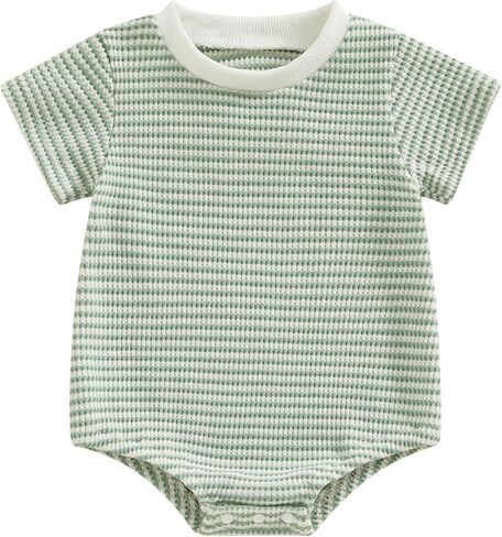 Newborn Baby Boy Girl Waffle Romper Short Sleeve Solid Striped Crewneck Bubble Oversized Bodysuit Infant Summer Outfit in Kuwait