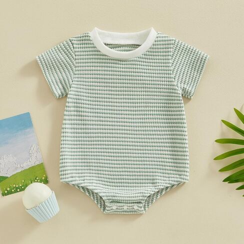 Newborn Baby Boy Girl Waffle Romper Short Sleeve Solid Striped Crewneck Bubble Oversized Bodysuit Infant Summer Outfit in Kuwait