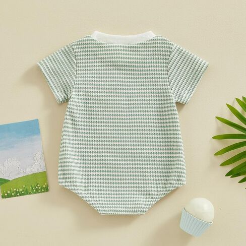 Newborn Baby Boy Girl Waffle Romper Short Sleeve Solid Striped Crewneck Bubble Oversized Bodysuit Infant Summer Outfit in Kuwait