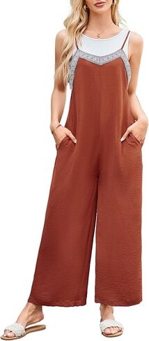 بدلة قفز نسائية صيفية كاجوال من Angashion - بدون أكمام فضفاضة بحمالات رفيعة، ثوب فضفاض للشاطئ عصري بأرجل واسعة مع جيوب in Kuwait