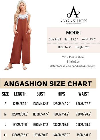 بدلة قفز نسائية صيفية كاجوال من Angashion - بدون أكمام فضفاضة بحمالات رفيعة، ثوب فضفاض للشاطئ عصري بأرجل واسعة مع جيوب in Kuwait
