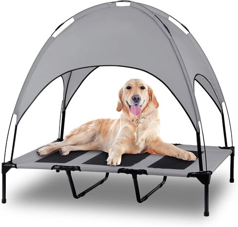 Elevated Outdoor Dog Bed with Canopy, Raised Removable Cover Cooling Dog Beds with Waterpoof Shade Dog Tent Outside Portable Dog Cot for Large Dogs Pet (Brown) in Saudi Arabia