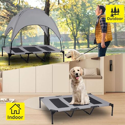 Elevated Outdoor Dog Bed with Canopy, Raised Removable Cover Cooling Dog Beds with Waterpoof Shade Dog Tent Outside Portable Dog Cot for Large Dogs Pet (Brown) in Saudi Arabia