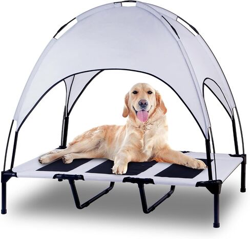 Elevated Outdoor Dog Bed with Canopy, Raised Removable Cover Cooling Dog Beds with Waterpoof Shade Dog Tent Outside Portable Dog Cot for Large Dogs Pet (Brown) in Saudi Arabia