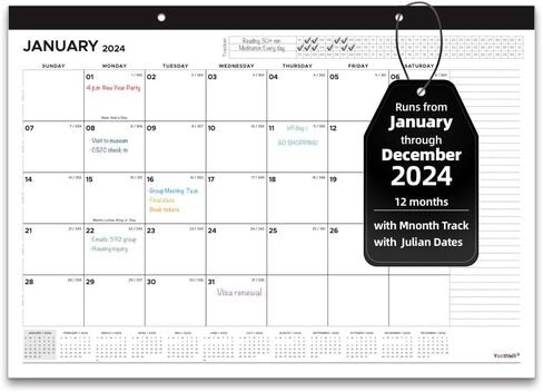 Month Calendar 2024 - Wall / Desk Calendar, 12-Months, JANUARY 2024 - DECEMBER 2024, 12’’ x 17’’, Large Blocks with Julian Dates for Daily Schedule Planner, Perfect for Planning and Organizing Your in Saudi Arabia
