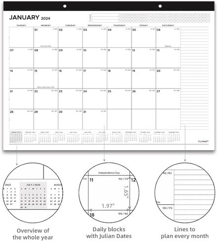 Month Calendar 2024 - Wall / Desk Calendar, 12-Months, JANUARY 2024 - DECEMBER 2024, 12’’ x 17’’, Large Blocks with Julian Dates for Daily Schedule Planner, Perfect for Planning and Organizing Your in Saudi Arabia