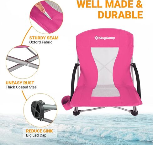 KingCamp Low Folding Beach Chairs for Adults,Portable Lightweight Lowback Sling Chair with Headrest,Cup Holder,Carry Bag Armrest,Foldable Chair for Sand Camping Concert Travel,300LBS in Saudi Arabia