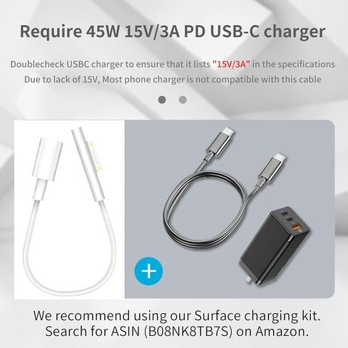 Sisyphy Surface to USB C Charging Cable (Female USB-C, 20 cm), Compatible with Microsoft Surface Pro 7/6/5/4/3 Go3/2/1 Laptop4/3/2/1, Requires 45W 15V/3A USB-C Charger in Saudi Arabia