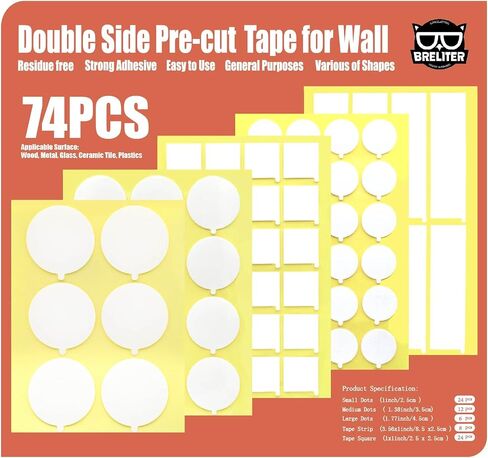 Breliter Pre-Cut Double Sided Tape for Wall - 74Pcs Clear Sticky Tape for Picture Hanging Mounting Tape, Easy to use and Removable Tape for Home Decoration, Birthday Party, Christmas and Crafts in Saudi Arabia