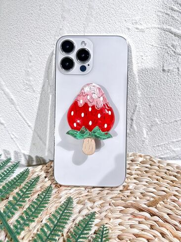 حامل قبضة هاتف على شكل فراولة لطيف من VJQ، حامل هاتف خلوي ثلاثي الأبعاد فريد من نوعه، ملحق سحر الهاتف قابل للطي، قبضة هاتف بمسند ممتد مع قاعدة قابلة للتبديل، مقبض قبضة لجهاز Kindle in Kuwait