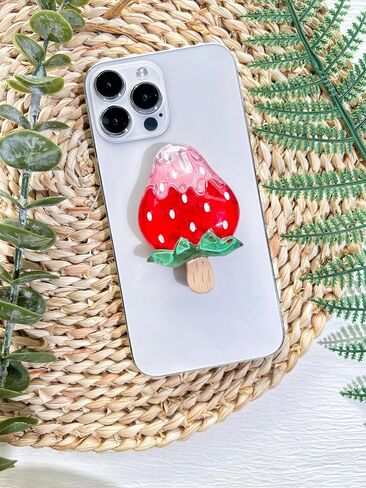 حامل قبضة هاتف على شكل فراولة لطيف من VJQ، حامل هاتف خلوي ثلاثي الأبعاد فريد من نوعه، ملحق سحر الهاتف قابل للطي، قبضة هاتف بمسند ممتد مع قاعدة قابلة للتبديل، مقبض قبضة لجهاز Kindle in Kuwait