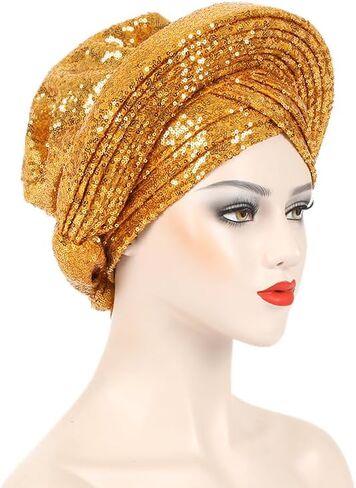 JRZXTWL الحجاب للسيدات الأفريقيات السيارات Gele أغطية الرأس غطاء الرأس حفلة الترتر لامعة باوتو قبعة in Kuwait