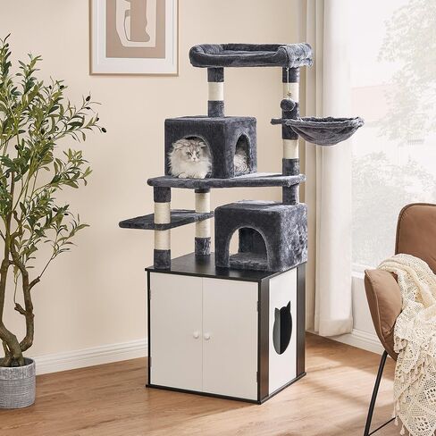 BEWISHOME شجرة القطط مع صندوق الفضلات، صندوق فضلات مخفي الكل في واحد، برج قطط متعدد الوظائف مع أعمدة خدش، جثم كبير، منزل حديث للقطط MMJ84D in Kuwait
