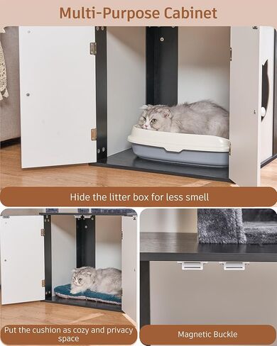 BEWISHOME شجرة القطط مع صندوق الفضلات، صندوق فضلات مخفي الكل في واحد، برج قطط متعدد الوظائف مع أعمدة خدش، جثم كبير، منزل حديث للقطط MMJ84D in Kuwait