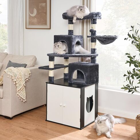 BEWISHOME شجرة القطط مع صندوق الفضلات، صندوق فضلات مخفي الكل في واحد، برج قطط متعدد الوظائف مع أعمدة خدش، جثم كبير، منزل حديث للقطط MMJ84D in Kuwait