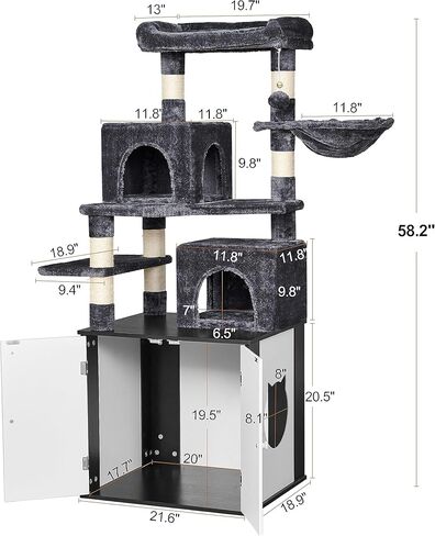 BEWISHOME شجرة القطط مع صندوق الفضلات، صندوق فضلات مخفي الكل في واحد، برج قطط متعدد الوظائف مع أعمدة خدش، جثم كبير، منزل حديث للقطط MMJ84D in Kuwait