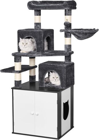 BEWISHOME شجرة القطط مع صندوق الفضلات، صندوق فضلات مخفي الكل في واحد، برج قطط متعدد الوظائف مع أعمدة خدش، جثم كبير، منزل حديث للقطط MMJ84D in Kuwait