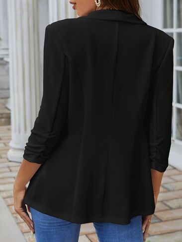 MakeMeChic Women's Casual Solid Ruched 3/4 Sleeve Collar Neck Button Down Blazer Outwear in Saudi Arabia