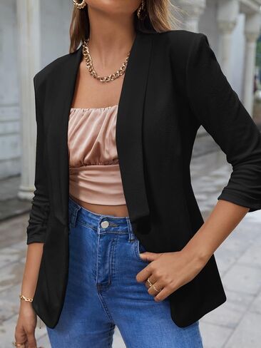 MakeMeChic Women's Casual Solid Ruched 3/4 Sleeve Collar Neck Button Down Blazer Outwear in Saudi Arabia
