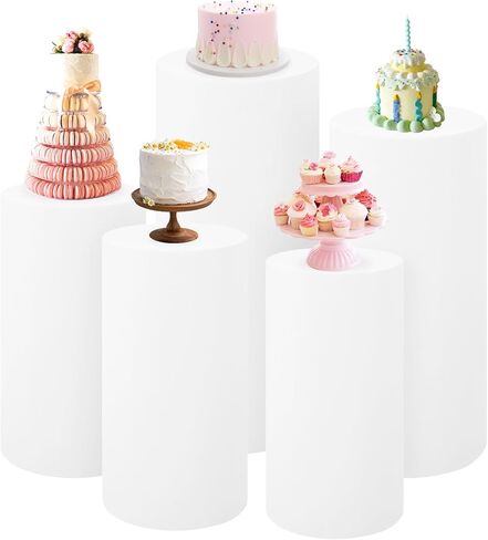 Set of 5 Spandex Cylinder Pedestal Stand Covers Beige Round Cylinder Plinth Display Box Stand Covers, Pillar Covers for Party Wedding Baby Shower Birthday Event Decor (Cylinder Stands Not Included) in Saudi Arabia