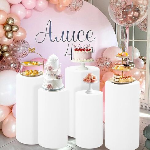Set of 5 Spandex Cylinder Pedestal Stand Covers Beige Round Cylinder Plinth Display Box Stand Covers, Pillar Covers for Party Wedding Baby Shower Birthday Event Decor (Cylinder Stands Not Included) in Saudi Arabia