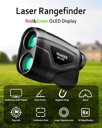 محدد نطاق الجولف HUADER مع مفتاح منحدر، جهاز تحديد نطاق الليزر بشاشة OLED باللون الأحمر/الأخضر مع دقة عالية، شريط مغناطيسي، اهتزاز قفل سارية العلم، قابل لإعادة الشحن، مكتشف نطاق 1093 ياردة للصيد in Kuwait