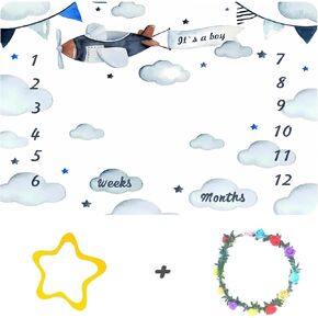 Airplane Baby Milestone Blanket for Boy or Girl, Aircraft Pilot Cloud Photography Background, Monthly Age Growth Chart with Frame, Baby Shower Newborn Mom Gifts, Large 48x40in BTOKSS0178 in Kuwait