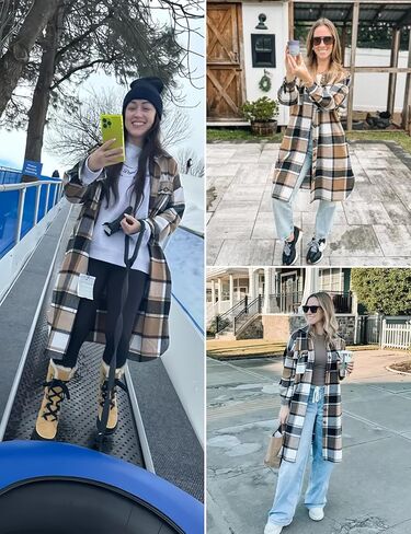 سترة نسائية كاجوال من PUWEI ذات طية صدر السترة وأزرار سفلية طويلة منقوشة ومعطف تارتان in Kuwait