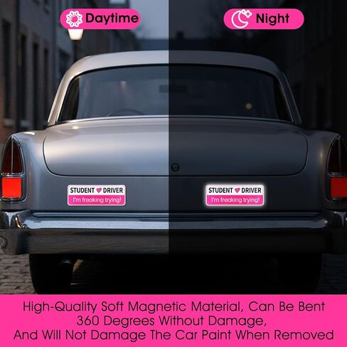 2Pcs Student Driver Magnet for Car, Removable Student Driver Sticker Magnet with Reflective Surface Reflection Magnetic Bumper Stickers New Driver Safety Attention Sign for Car Decorations in Saudi Arabia
