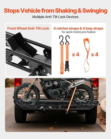 VEVOR Motorcycle Carrier, 500 lbs Capacity, Heavy Duty Steel Hitch Mount Rack with Anti-Tilt Lock Device, Straps & Stabilizer, Scooter Dirt Bike Trailer Hauler for Car Truck with 2-Inch Hitch Receiver in Saudi Arabia
