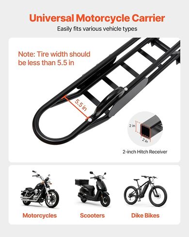 VEVOR Motorcycle Carrier, 500 lbs Capacity, Heavy Duty Steel Hitch Mount Rack with Anti-Tilt Lock Device, Straps & Stabilizer, Scooter Dirt Bike Trailer Hauler for Car Truck with 2-Inch Hitch Receiver in Saudi Arabia