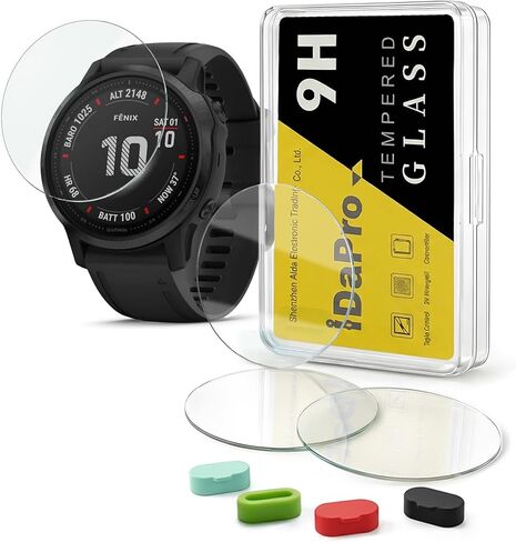 [4 عبوات] واقي شاشة لساعة Garmin fenix 6S / 6S Pro / 6S Sapphire GPS 42 مم + مقابس سيليكون مضادة للغبار، زجاج مقسى مضاد للخدش وخالي من الفقاعات in Kuwait