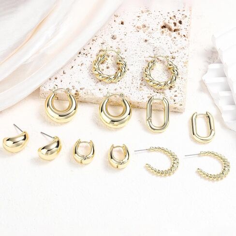 6 Pairs 14K Gold Hoop Earrings for Women Lightweight Chunky Hoop Earrings Multipack Hypoallergenic, Thick Open Twisted Huggie Hoops Earring Set Jewelry for Gifts. in Kuwait