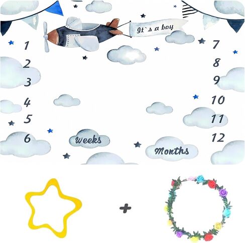 Airplane Baby Milestone Blanket for Boy or Girl, Aircraft Pilot Cloud Photography Background, Monthly Age Growth Chart with Frame, Baby Shower Newborn Mom Gifts, Large 48x40in BTOKSS0178 in Kuwait