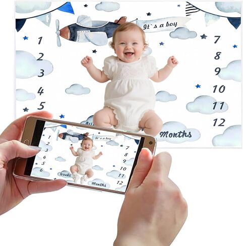 Airplane Baby Milestone Blanket for Boy or Girl, Aircraft Pilot Cloud Photography Background, Monthly Age Growth Chart with Frame, Baby Shower Newborn Mom Gifts, Large 48x40in BTOKSS0178 in Kuwait