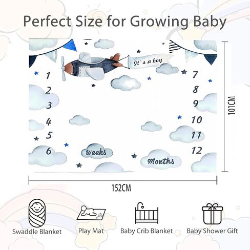 Airplane Baby Milestone Blanket for Boy or Girl, Aircraft Pilot Cloud Photography Background, Monthly Age Growth Chart with Frame, Baby Shower Newborn Mom Gifts, Large 48x40in BTOKSS0178 in Kuwait