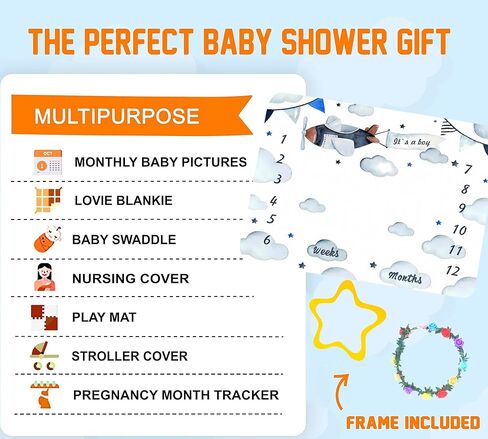 Airplane Baby Milestone Blanket for Boy or Girl, Aircraft Pilot Cloud Photography Background, Monthly Age Growth Chart with Frame, Baby Shower Newborn Mom Gifts, Large 48x40in BTOKSS0178 in Kuwait