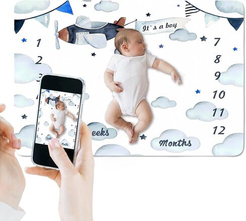Airplane Baby Milestone Blanket for Boy or Girl, Aircraft Pilot Cloud Photography Background, Monthly Age Growth Chart with Frame, Baby Shower Newborn Mom Gifts, Large 48x40in BTOKSS0178 in Kuwait