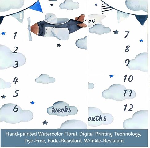 Airplane Baby Milestone Blanket for Boy or Girl, Aircraft Pilot Cloud Photography Background, Monthly Age Growth Chart with Frame, Baby Shower Newborn Mom Gifts, Large 48x40in BTOKSS0178 in Kuwait