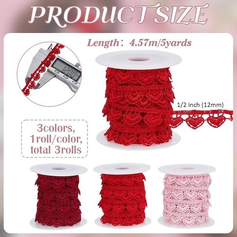 15Yards/13.7M Heart Lace Trim 1/2 inch Wide 3Color Heart Edging Trimmings Peach Heart Lace Ribbon with 3pcs Plastic Empty Spool for DIY Sewing Craft Embellishments Accessories Gift Wrapping Supplies in Saudi Arabia