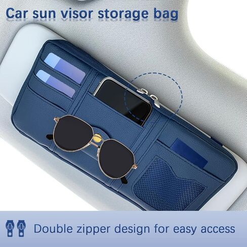 Car Sun Visor Organizer, Multi-Pocket Leather Vehicle Visor Storage Pouch & Sunglasses Holder, Auto Interior Document Card Holder with Double Zipper, Universal for Truck SUV Sedan (Navy Blue) in Saudi Arabia