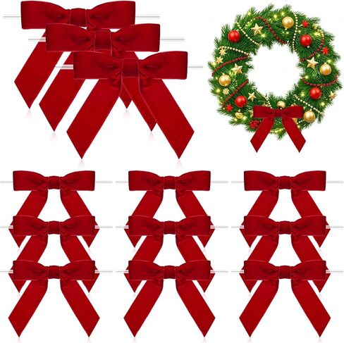 12 PCS Red Bows for Christmas Tree, 4.5" Red Velvet Bows with Twist Ties, Velvet Ribbon Bow Ornaments for Xmas Wreaths Garland Decorations Gifts Party Treat Bags in Saudi Arabia