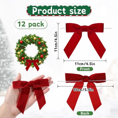 12 PCS Red Bows for Christmas Tree, 4.5" Red Velvet Bows with Twist Ties, Velvet Ribbon Bow Ornaments for Xmas Wreaths Garland Decorations Gifts Party Treat Bags in Saudi Arabia
