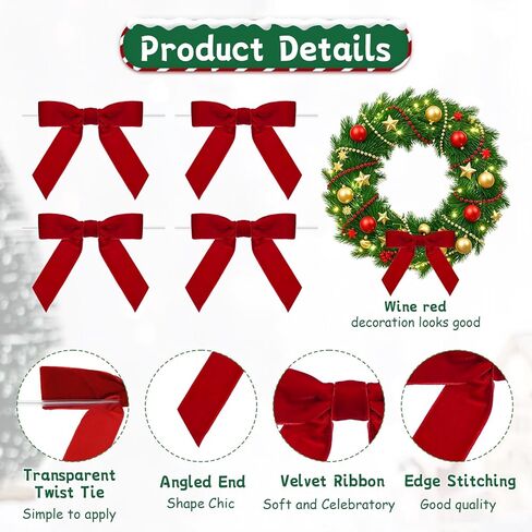 12 PCS Red Bows for Christmas Tree, 4.5" Red Velvet Bows with Twist Ties, Velvet Ribbon Bow Ornaments for Xmas Wreaths Garland Decorations Gifts Party Treat Bags in Saudi Arabia
