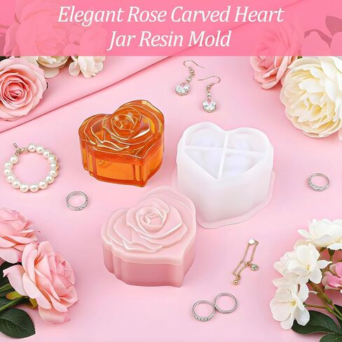 Heart Jar Resin Mold with Rose Lid Heart Box Resin Molds Rose Flower Jar Molds for Epoxy Resins Concrete Planter Mold DIY Jewelry Storage Box Candy Container in Saudi Arabia