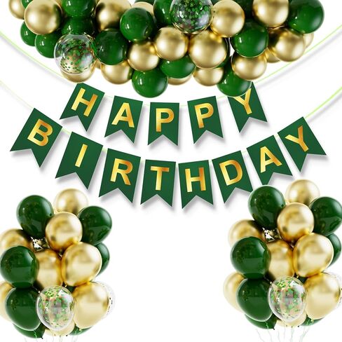 Green Gold Birthday Party Decorations 100pcs Hunter Gold Green Balloons Garland Arch Kit Pre-Strung Happy Birthday Banner for Boys Girls 16th 18th 30th 40th 50th for Men Women Jungle Party Supplies in Saudi Arabia