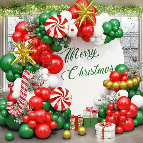 Christmas Balloon Arch Kit, Red Green Gold White Balloon Garland with Star Candy Cane Foil Balloons for Xmas Party in Saudi Arabia